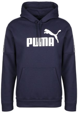 Marineblå hættetrøje med frontlomme, hvid Puma-logo og tekst på brystet samt justerbar snor i hætten.