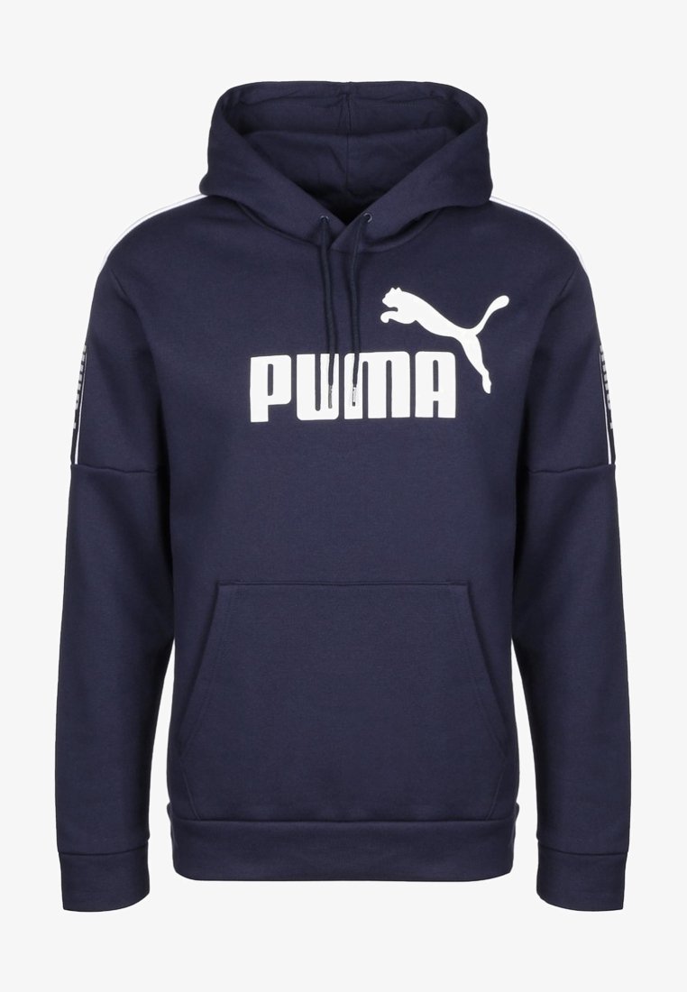 Sweat à capuche bleu marine avec poche kangourou devant, logo Puma blanc et texte sur la poitrine, avec capuche à cordon réglable.