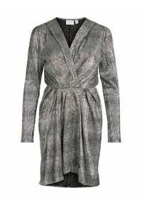 Robe argentée à manches longues, enroulée, avec une finition texturée et un décolleté en V. Elle présente une taille cintrée et une jupe fluide avec un ourlet qui tombe.