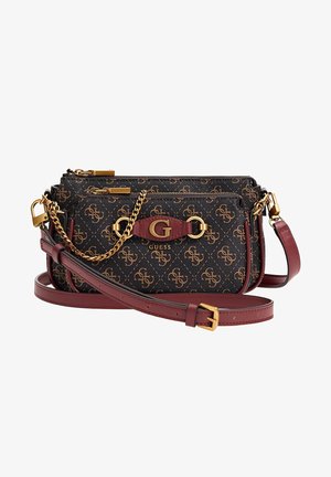 Brun og sort designer crossbody taske med gyldenkæde, logomønster og justerbar mørkerød læderrem med spænde.