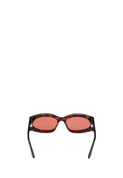 Red tortoiseshell sunglasses with rectangular lenses and a glossy finish. Lenses are tinted red, arms are sleek with subtle hardware detail.