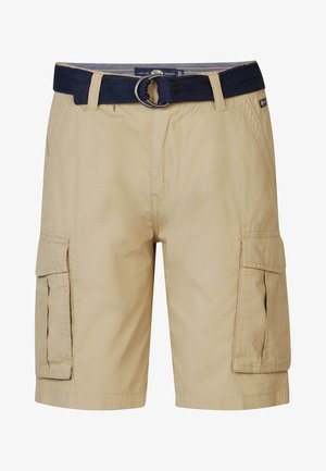 Pantaloni cargo khaki con una cintura in tessuto blu con anello metallico, numerose tasche laterali e un tessuto resistente alle pieghe.