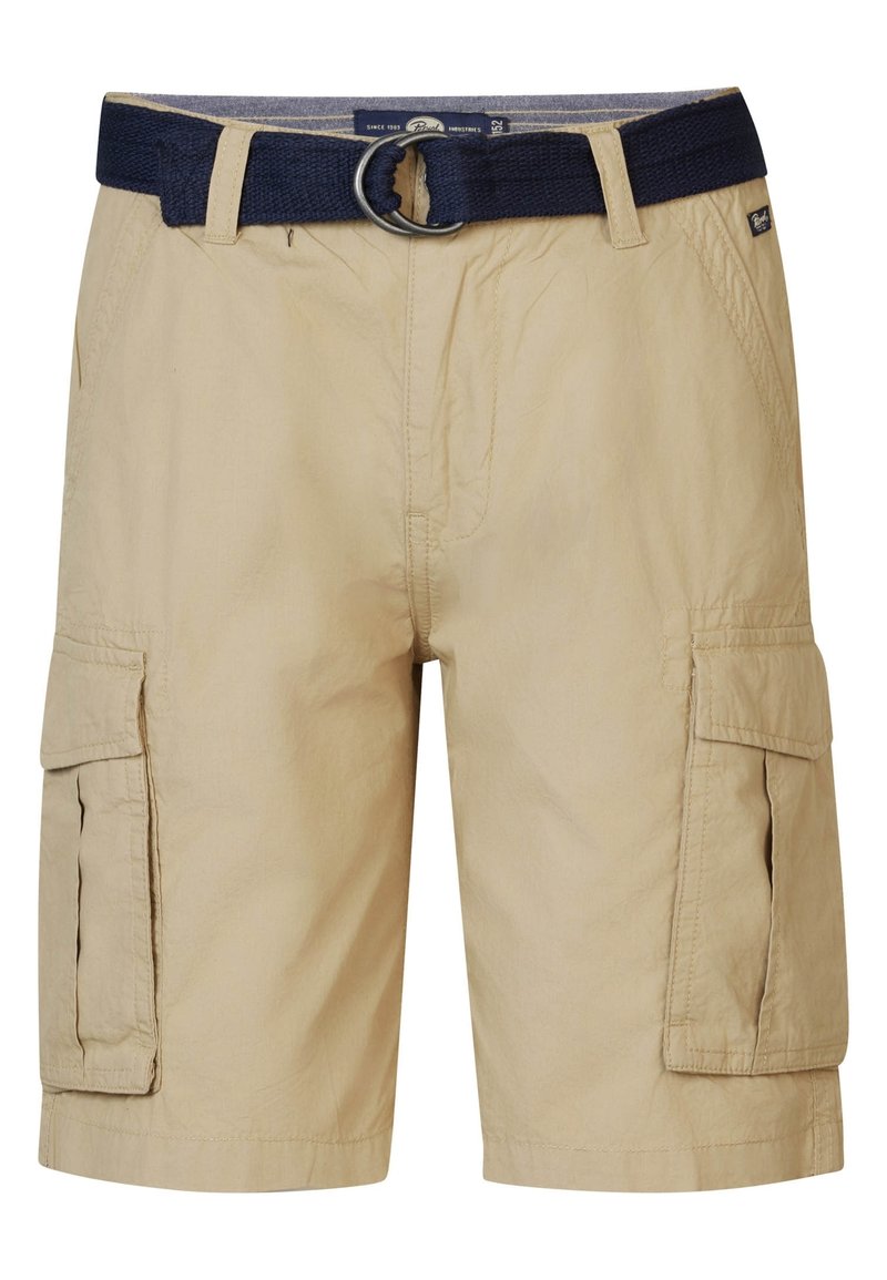 Shorts cargo kaki avec une ceinture tissée bleue marine et une boucle en métal, plusieurs poches latérales et une texture de tissu résistant aux plis.
