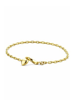 Goldfarbene Kettenarmband mit einem herzförmigen Anhänger und einem sicheren Verschluss. Verfügt über einheitliche Glieder und eine glatte, polierte Oberfläche.