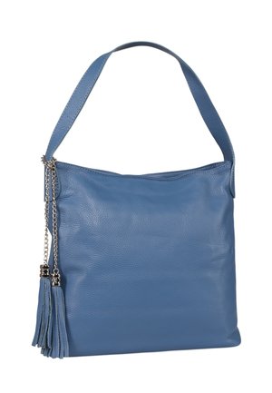 Blue leather shoulder bag with wide strap and two tassels hanging from silver chains on left side.