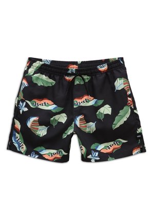 Czarne kąpielówki z kolorowym wzorem liści i pasiastym, elastycznym paskiem w talii ze sznurkiem do regulacji oraz bocznymi przeszyciami.