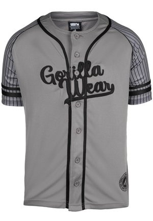 Gray athletic jersey with black accents, short sleeves featuring striped pattern, button front, and "Gorilla Wear" logo in embroidery.