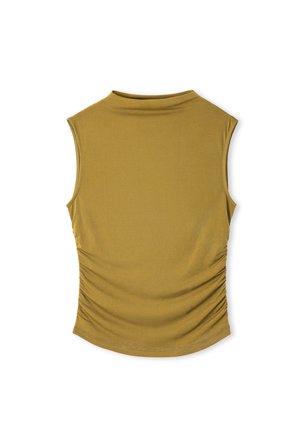 Ärmelloses Oberteil in Senfgelb, mit einem Mockneck, tailliertem Schnitt und Raffung an den Seiten. Glatte Stoffstruktur.