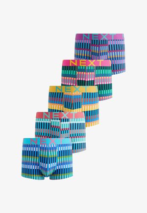 Farverige herreboxers med elastisk "NEXT" taljebånd, der har forskellige lodrette stribede mønstre i blå, grøn, pink og gul.