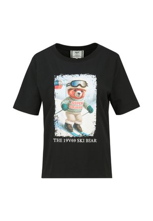 Schwarzes kurzärmliges Shirt mit einer Grafik von einem ski fahrenden Bären in Winterkleidung und dem Text "ASPEN COLORADO" und "THE 19V69 SKI BEAR."