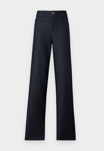 Dark denim high-waisted jeans with wide legs, featuring five pockets, a button closure, and contrasting stitching. Smooth texture with no patterns.
