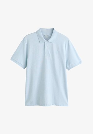 Lyseblå kortærmet poloshirt med krave, to-knaps placket, almindelig pasform og medium størrelseslabel inde i nakken.