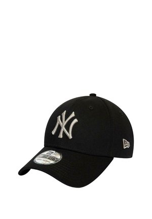 Black baseball cap made of fabric with a curved brim. Features a raised silver "NY" logo on the front and a side logo. Size tag visible.