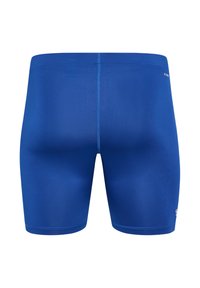 Blå simshorts med en slät textur, en tight passform och platta sömmar. Resåren i midjan är elastisk med varumärkeslogotyp på sidan.