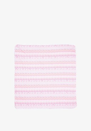 Miękka, kwadratowa tkanina z różowymi, pomarańczowymi i fioletowymi zygzakowatymi wzorami na białym tle.