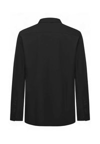 Schwarzes Langarmhemd mit klassischem Kragen, glatter Textur, knöpfbaren Manschetten und geradem Saum. Keine sichtbaren Muster oder Logos.