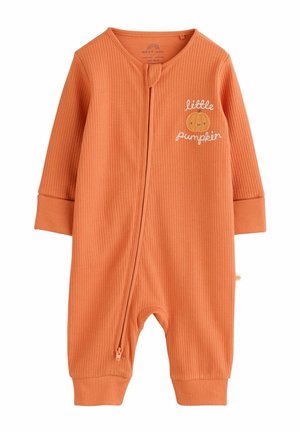 Orange ribbed baby romper with long sleeves, zipper front, and "little pumpkin" with a pumpkin graphic embroidered on the chest.