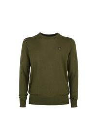 Olijfgroene lange mouwen crewneck trui met geribde manchetten en zoom, met een klein geborduurd logo op de linkerkant van de borst.