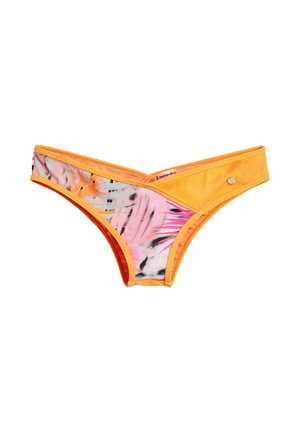 Bas de bikini taille basse avec bordure orange, côté uni jaune vif, et imprimé feuilles tropicales rose, noir et blanc sur le panneau avant.