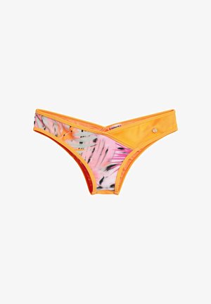 Bikinihose mit niedriger Taille, orangefarbener Paspel, leuchtend gelber, einfarbiger Seitenpartie und pink-schwarz-weißem tropischem Blattmuster auf dem Vorderteil.