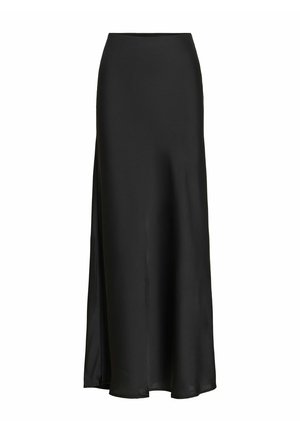 Gonna lunga nera in raso con vita alta e una leggera svasatura, mostrata su sfondo bianco.
