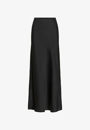 Langer schwarzer Satinstock mit hoher Taille und leichtem Schwung, vor weißem Hintergrund dargestellt.