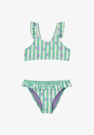 Zeleno-bele prugaste dvodelne kopalke z vijoličastimi marjeticami, z nabranimi naramnicami na vrhu in nabranimi robovi na spodnjem delu.