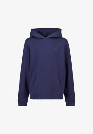 Hoodie bleu marine en mélange de coton, avec une poche kangourou, une grande capuche et un logo discret sur la poitrine. Texture lisse avec des poignets côtelés.