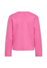 Pull en tricot à manches longues rose vif vu de dos avec un col rond simple et un ourlet droit.