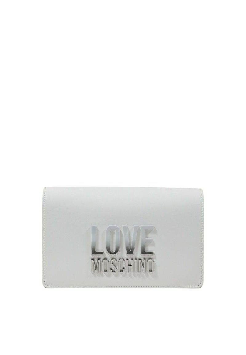 Portafoglio in faux leather bianco con logo "LOVE MOSCHINO" in rilievo lucido sul fronte. Presenta un design elegante e rettangolare.