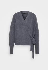 Grau gestrickte Wickeljacke mit V-Ausschnitt, langen Ärmeln und einem seitlichen Bindedetail. Weicher Stoff, lässige Passform und gerippte Bündchen.