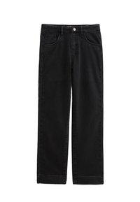 Pantalon en denim noir à coupe droite, avec poches avant, fermeture à bouton et texture lisse.