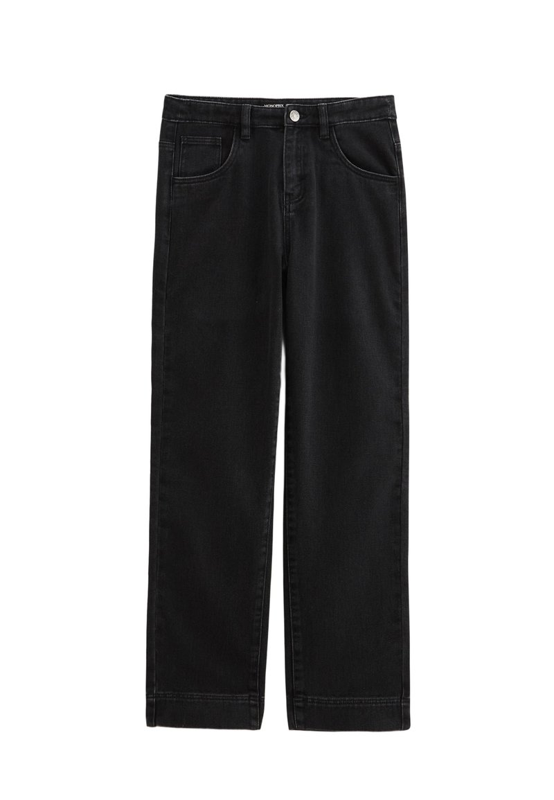 Pantalon en denim noir à coupe droite, avec poches avant, fermeture à bouton et texture lisse.
