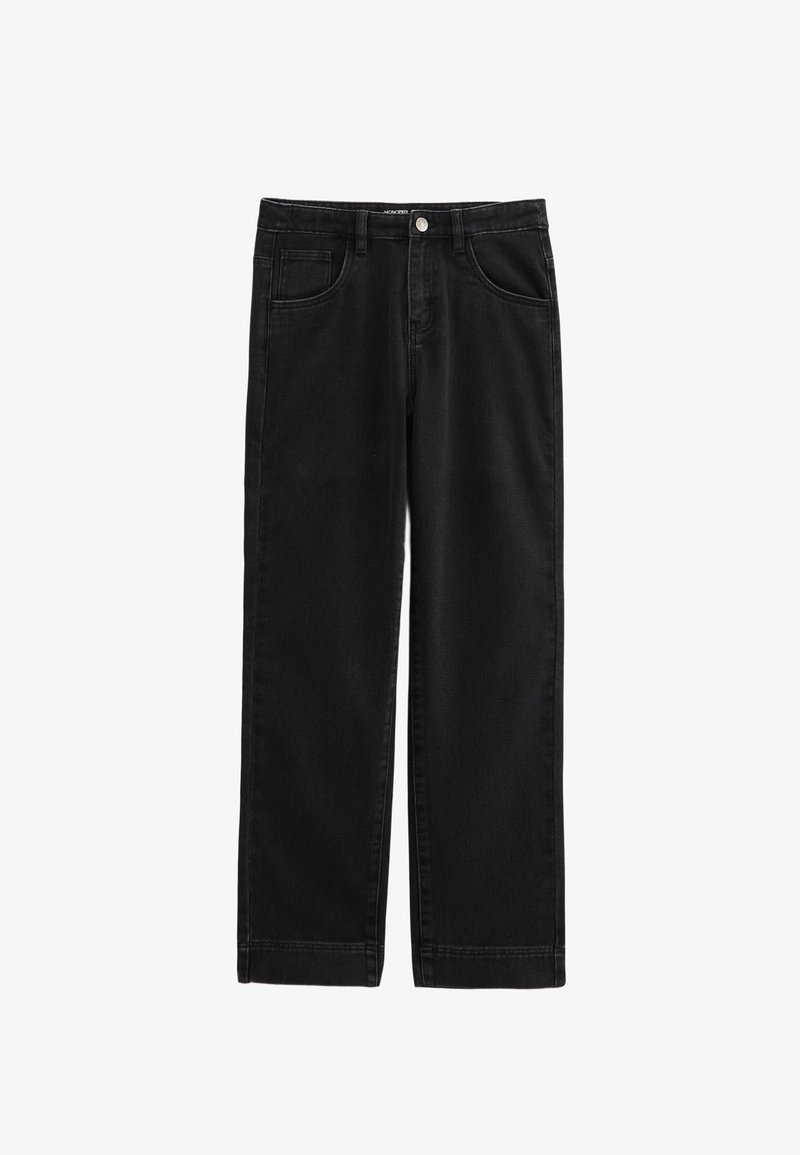 Pantalon en denim noir à coupe droite, avec poches avant, fermeture à bouton et texture lisse.