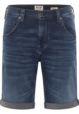 Mørkeblå denimshorts med opbukte kanter, forlommer, bæltestropper og knaplukning, mærket Mustang True Denim.