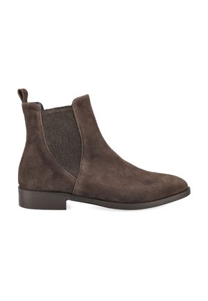 Brown suede Chelsea ankle boot with elastic side panel and low heel, viewed from the outer side on a white background.