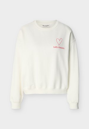 Biela mikina s okrúhlym výstrihom, dlhými rukávmi, rebrovanými lemami na manžetách a spodnej časti, s červeným srdcom a textom "lollys laundry" na ľavej strane hrudníka.