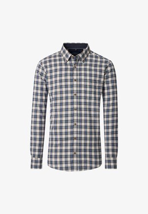 Skakternet skjorte i blå, creme og brune nuancer; med lange ærmer, krave med knapper og brune knapdetaljer. Lavet af bomuldsmateriale.