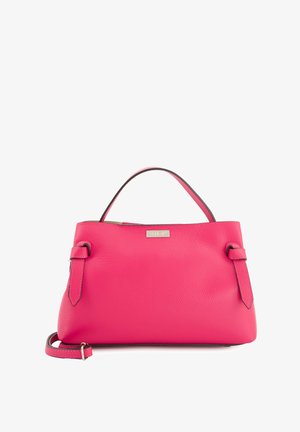 Pink leather handbag with a structured shape, top handle, and adjustable strap. Features a small metallic logo and contrasting dark trim.