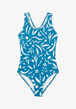 Einteiler in lebhaftem Teal mit einem weißen abstrakten Muster. Hergestellt aus elastischem Stoff, hat er einen runden Ausschnitt und eine niedrige Beinausschnitt.