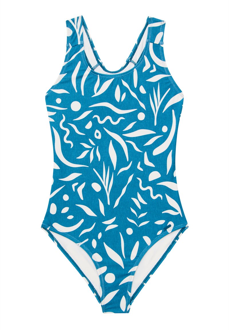 Jednodílné plavky v živé tyrkysové barvě s bílým abstraktním vzorem. Vyrobené z elastického materiálu, mají obdélníkový výstřih a nízký střih nohou.