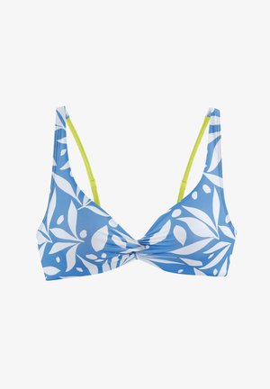 Blaues Bikini-Oberteil mit weißen Blattmustern, verdrehtem Frontdetail und dünnen verstellbaren gelben Trägern.