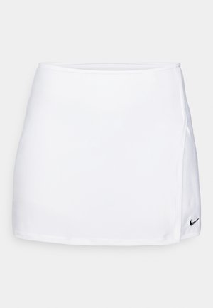 White athletic skirt made of smooth, lightweight fabric. Features a fitted waistband, side slit, and a small black Nike logo on the hem.