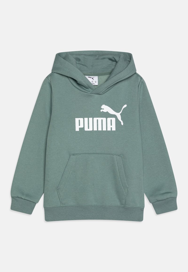 Zelena dukserica s kapuljačom izrađena od mješavine pamuka, s kengur džepom i bijelim "PUMA" logotipom s dizajnom skakačkog mačka.