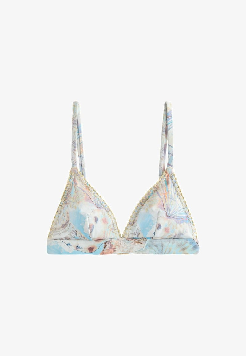 Haut de bikini triangle avec motif coquillage pastel, fines bretelles ajustables et bords festonnés décoratifs sur fond blanc uni.