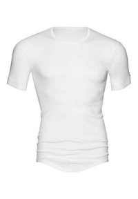 White short-sleeve t-shirt made of smooth fabric, featuring a crew neckline and fitted design with subtle stretch. No patterns or accents.