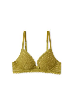 Bralette triangulaire en dentelle jaune moutarde avec des bords festonnés et des bretelles réglables. Présente un détail en nœud au centre devant.