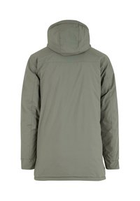 Giacca isolante verde oliva con cappuccio, dotata di maniche lunghe, taglio dritto e dettagli di cucitura minimi sul retro.