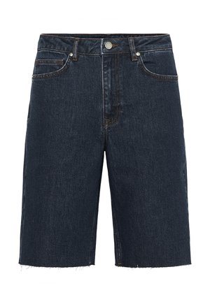 Dark blue denim shorts with a straight cut, frayed hem, five pockets, button closure, and contrasting orange stitching accents.