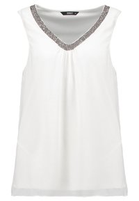 Vit ärmlös blus med V-ringning prydd med silverfärgade pärldekorationer, storlek 36, märke "Only."